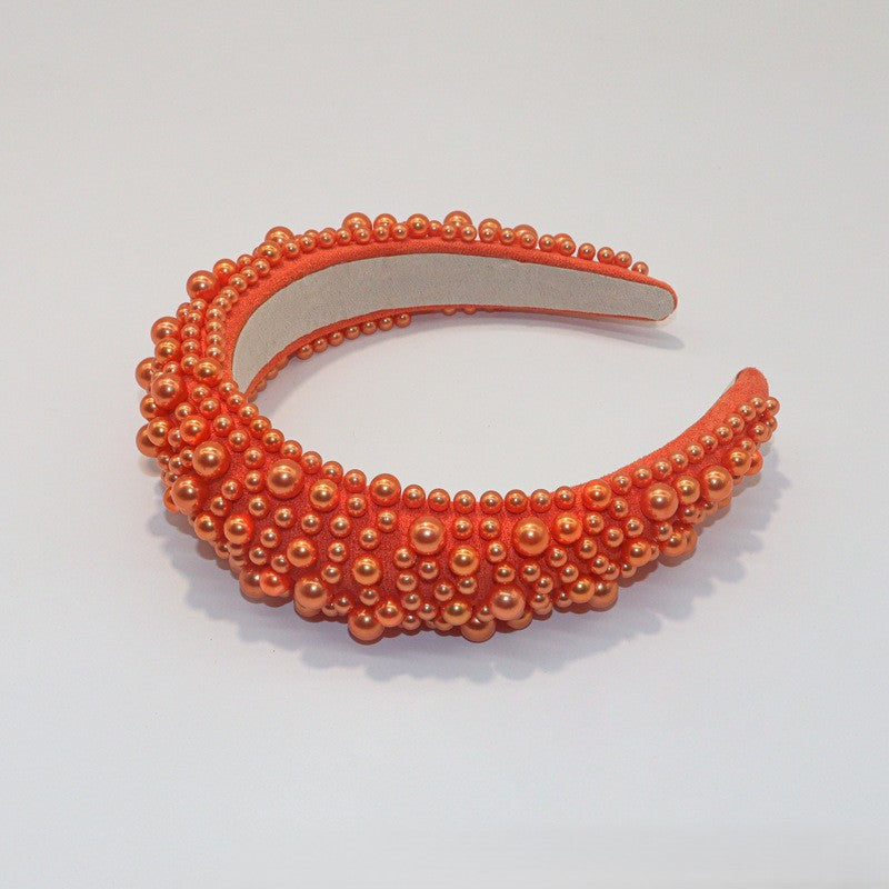 Beaded Pearl Padded Wide Headband - Orange