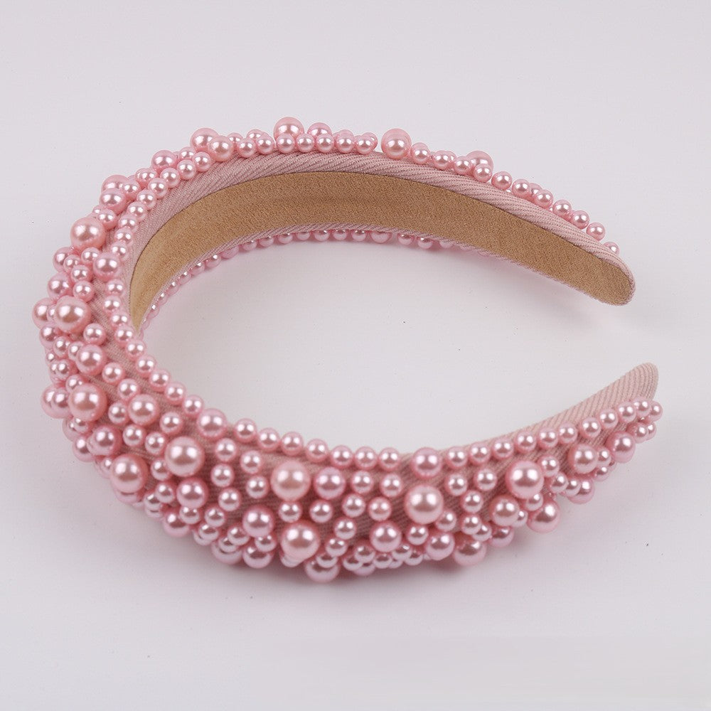 Beaded Pearl Padded Wide Headband - Pink