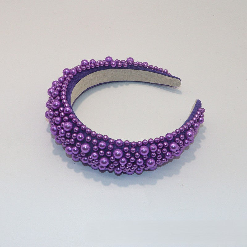 Beaded Pearl Padded Wide Headband - Purple