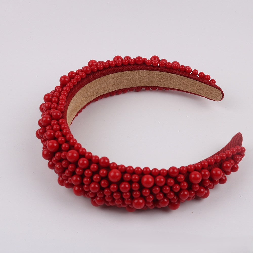 Beaded Pearl Padded Wide Headband - Red