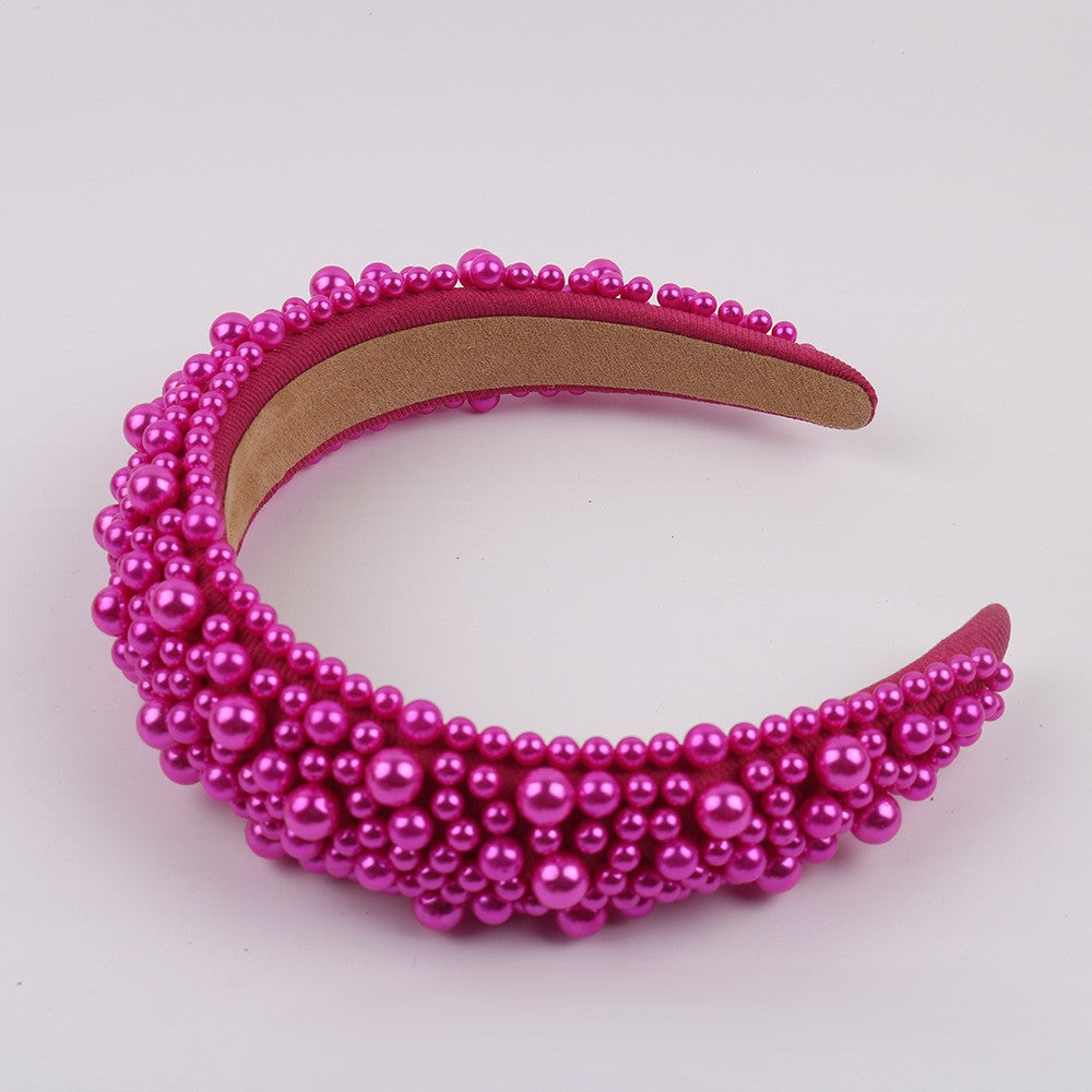 Beaded Pearl Padded Wide Headband - RoseRed