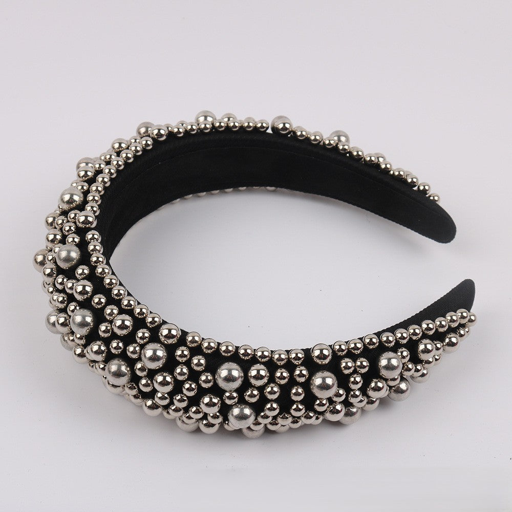 Beaded Pearl Padded Wide Headband - Silver