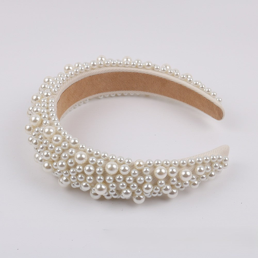 Beaded Pearl Padded Wide Headband - White
