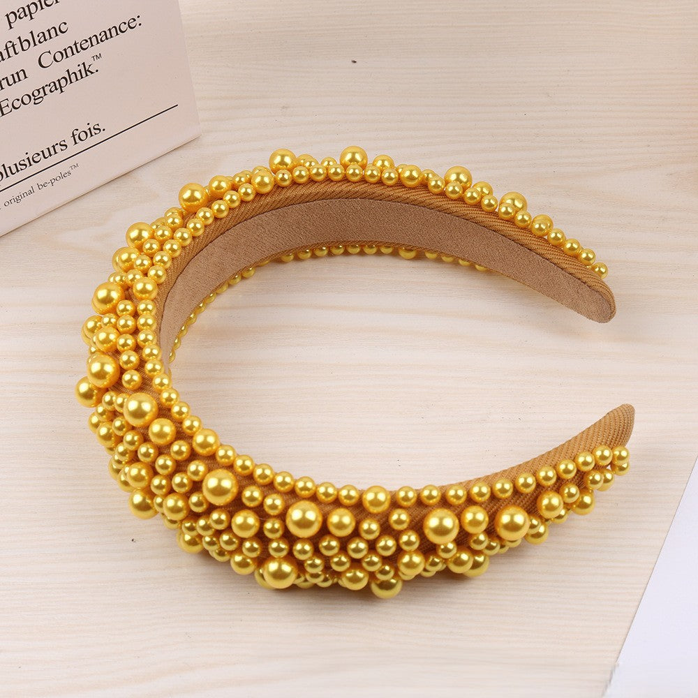 Beaded Pearl Padded Wide Headband - Yellow