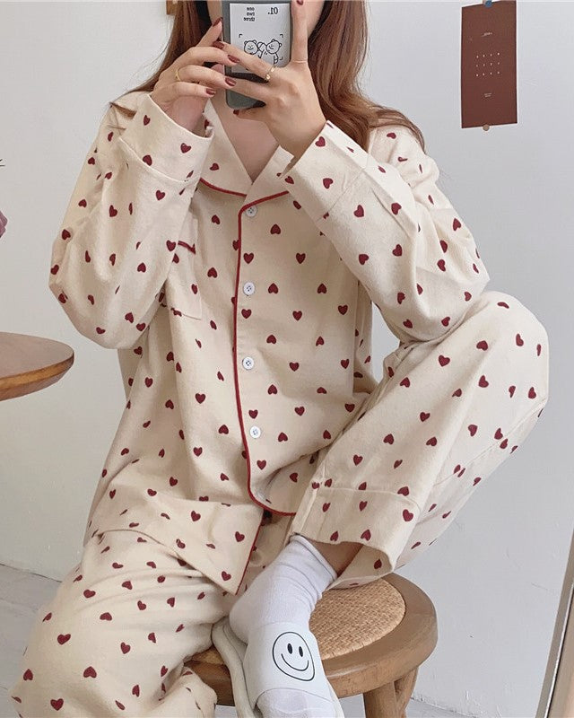 Tiny Heart Brushed Cotton Pajama Set - Apricot - 1