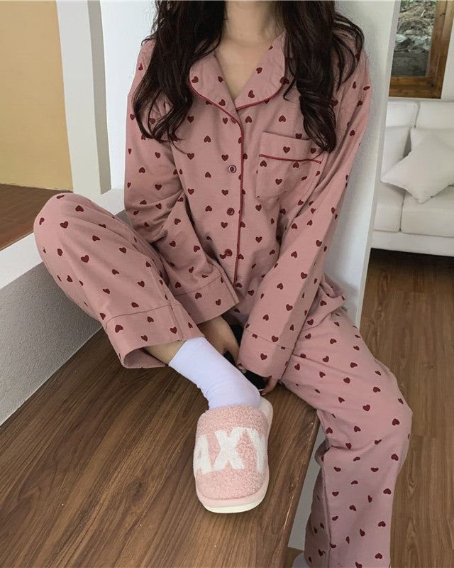 Tiny Heart Brushed Cotton Pajama Set - Pink