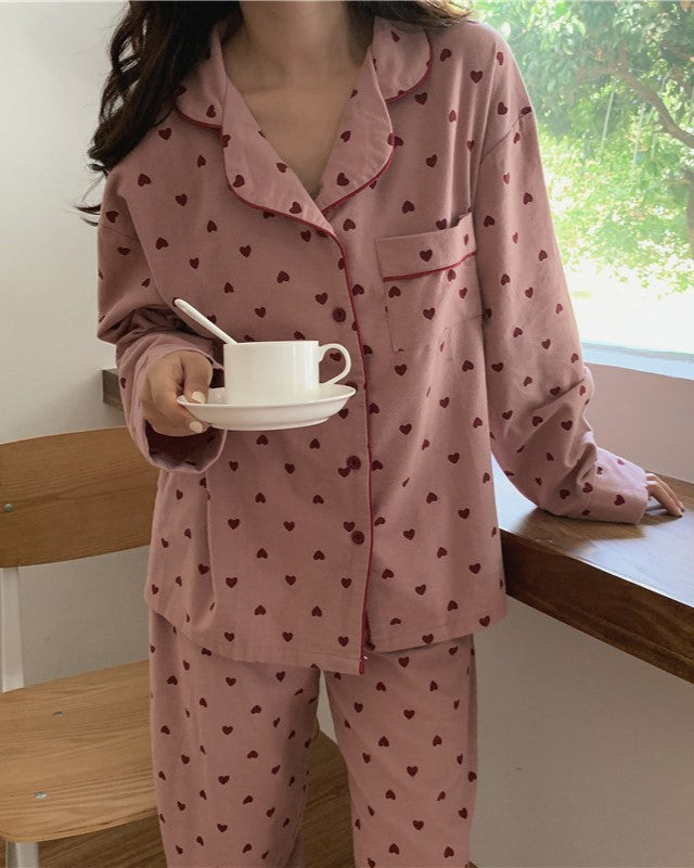 Tiny Heart Brushed Cotton Pajama Set - Pink - 1