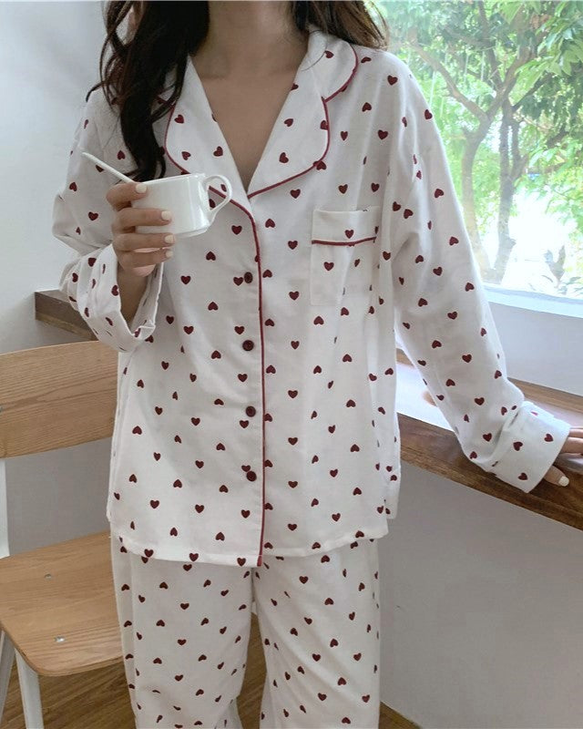 Tiny Heart Brushed Cotton Pajama Set - White - 1