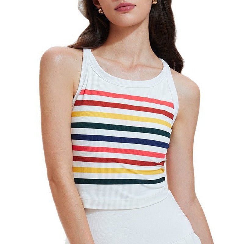 Rainbow Stripe Ribbed Padded Cropped Tennis Tank
