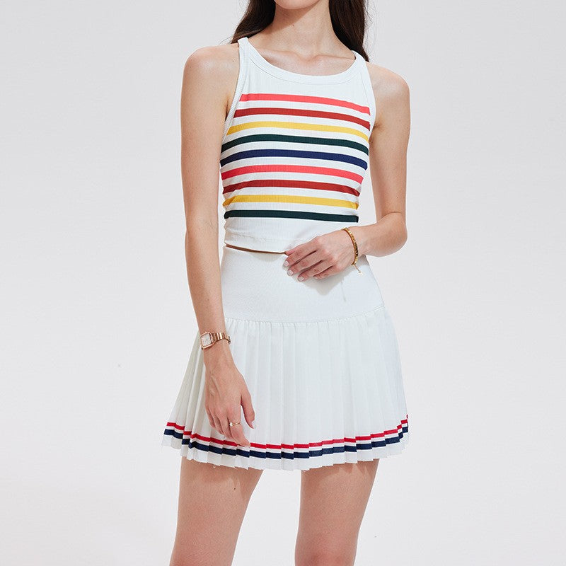Rainbow Stripe Ribbed Padded Cropped Tennis Tank