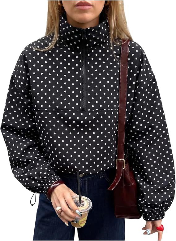 Polka Dot Half Zip Funnel Neck Pullover Jacket - Black