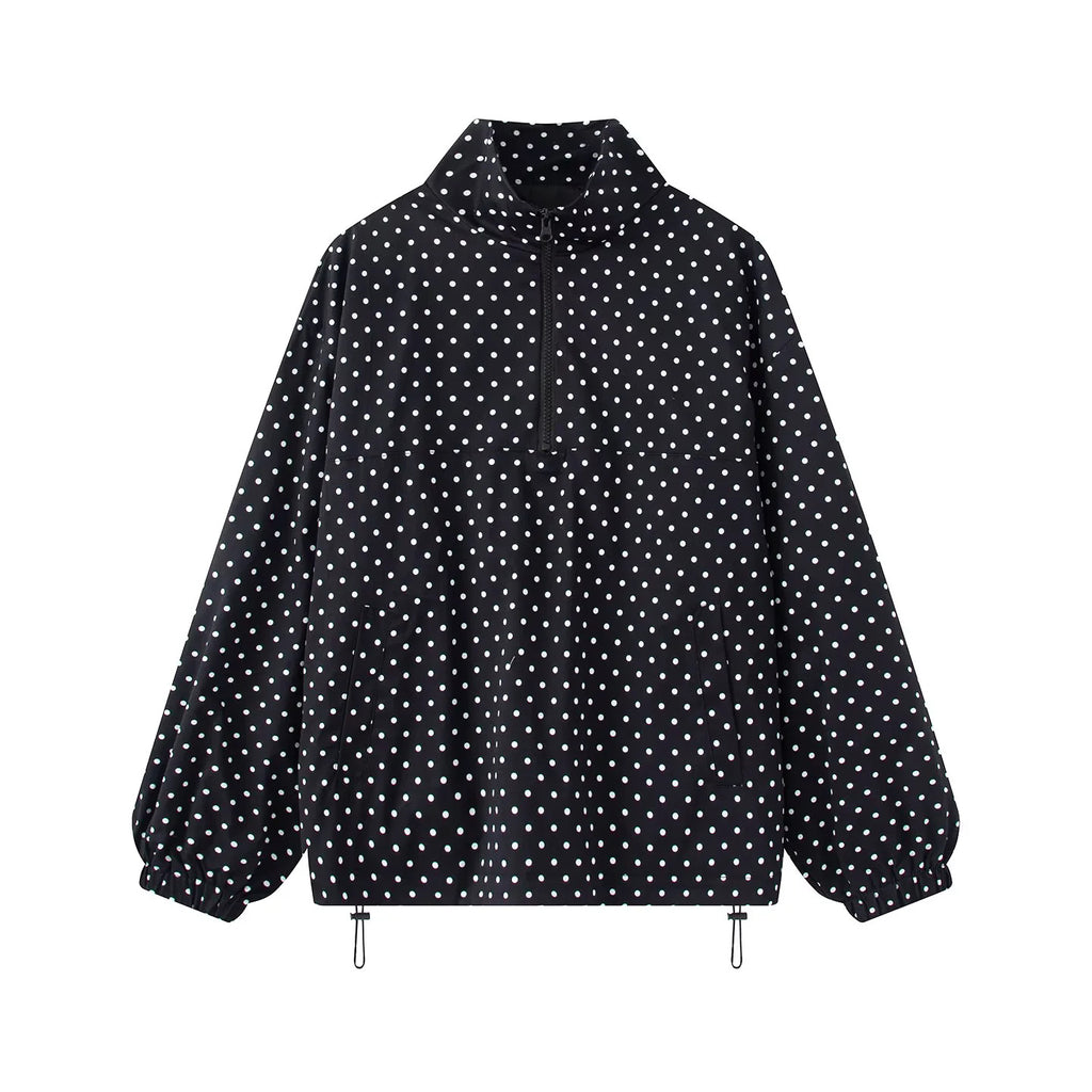 Polka Dot Half Zip Funnel Neck Pullover Jacket - Black - 1
