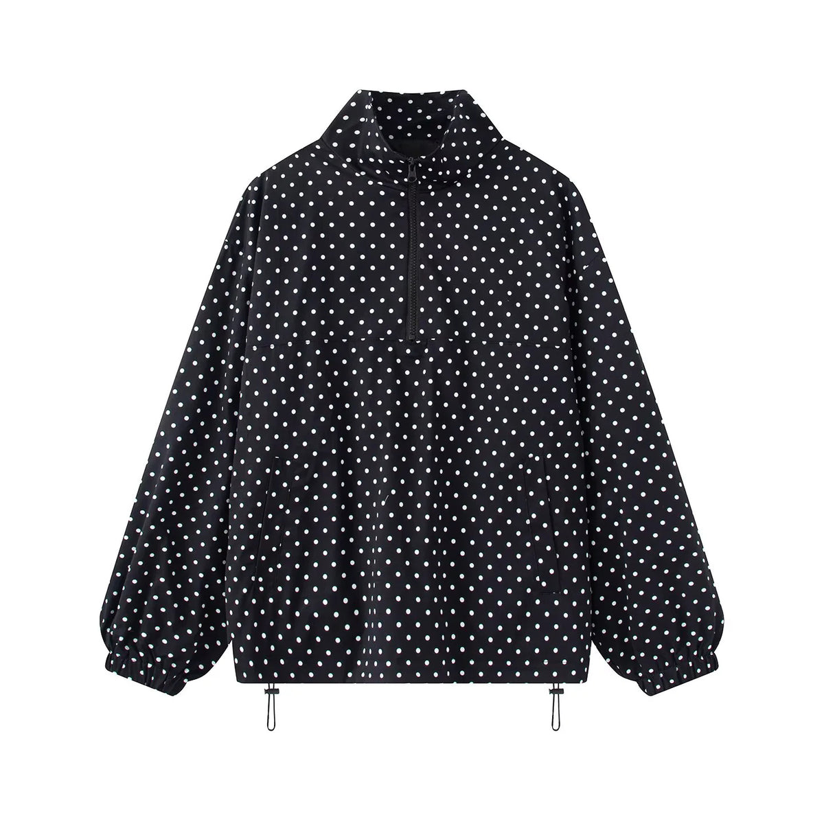 Polka Dot Half Zip Funnel Neck Pullover Jacket - Black - 1