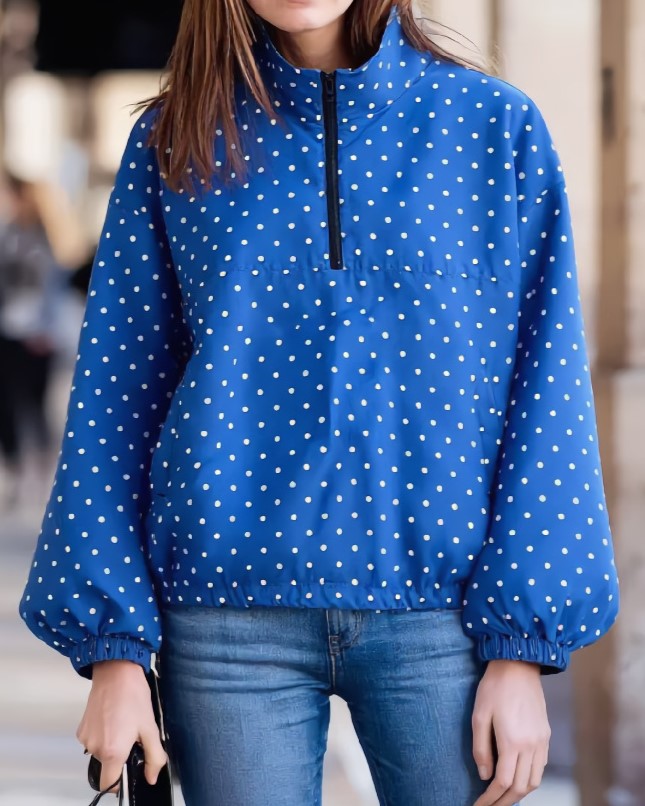 Polka Dot Half Zip Funnel Neck Pullover Jacket - Blue