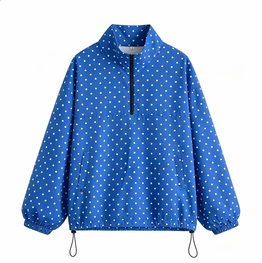 Polka Dot Half Zip Funnel Neck Pullover Jacket - Blue - 1