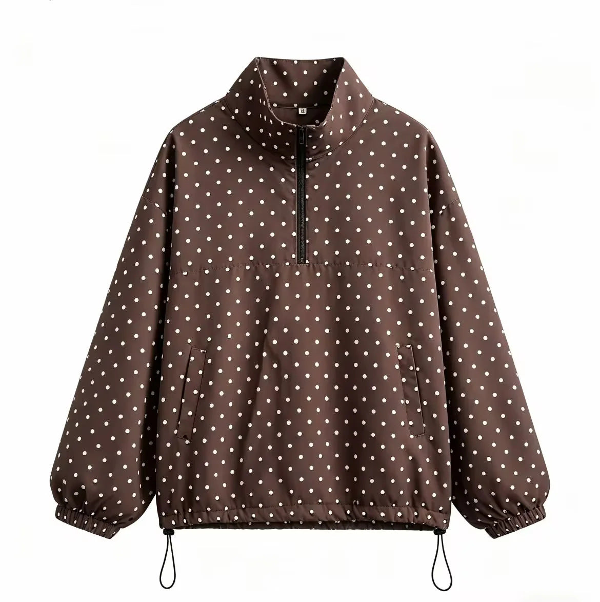 Polka Dot Half Zip Funnel Neck Pullover Jacket - Coffee