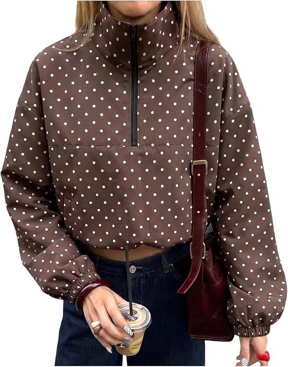 Polka Dot Half Zip Funnel Neck Pullover Jacket - Coffee - 1
