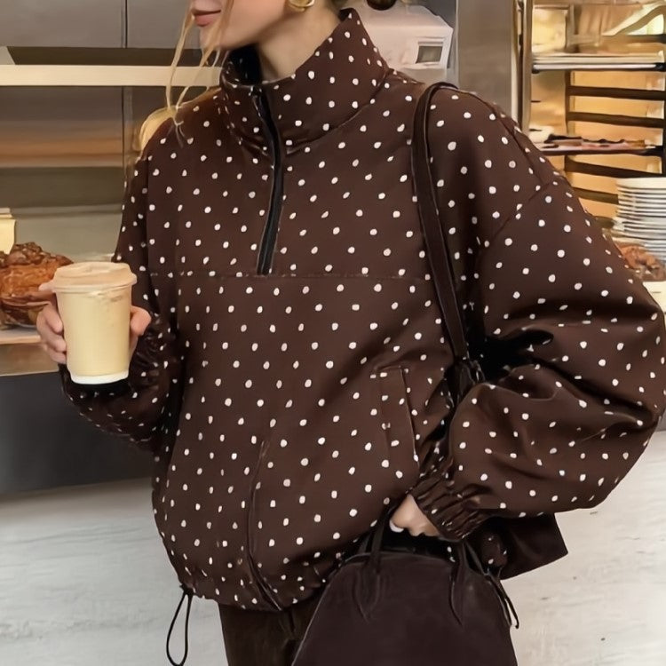 Polka Dot Half Zip Funnel Neck Pullover Jacket - Coffee - 2