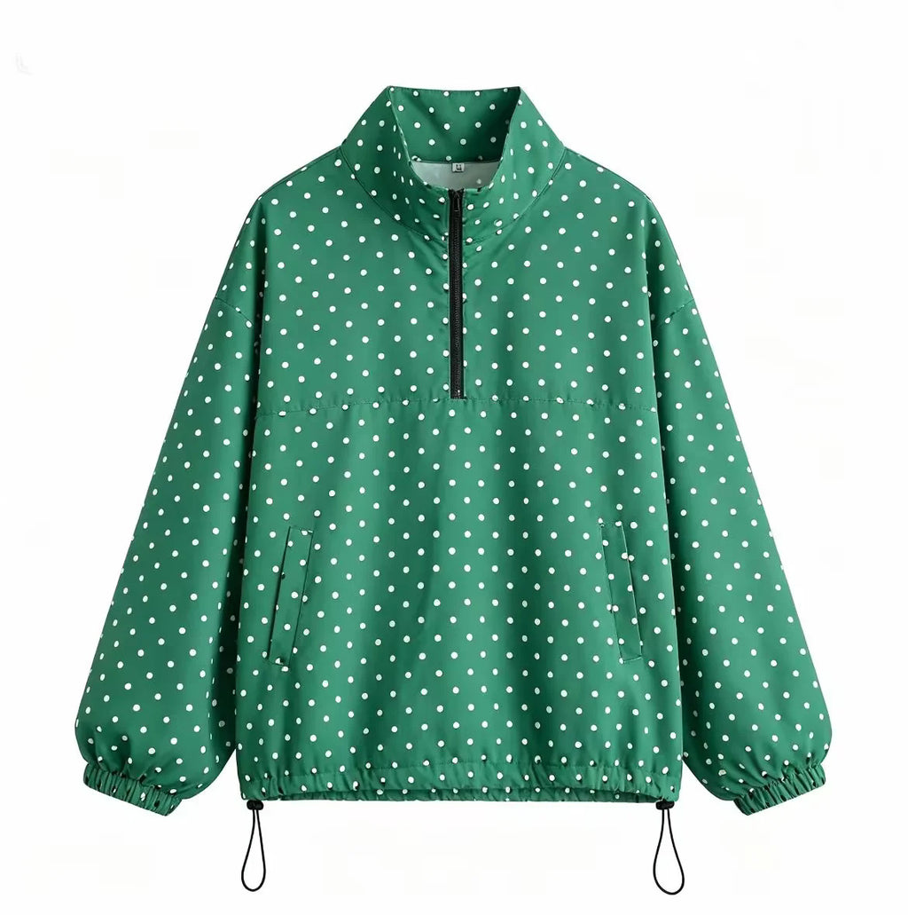 Polka Dot Half Zip Funnel Neck Pullover Jacket - Green