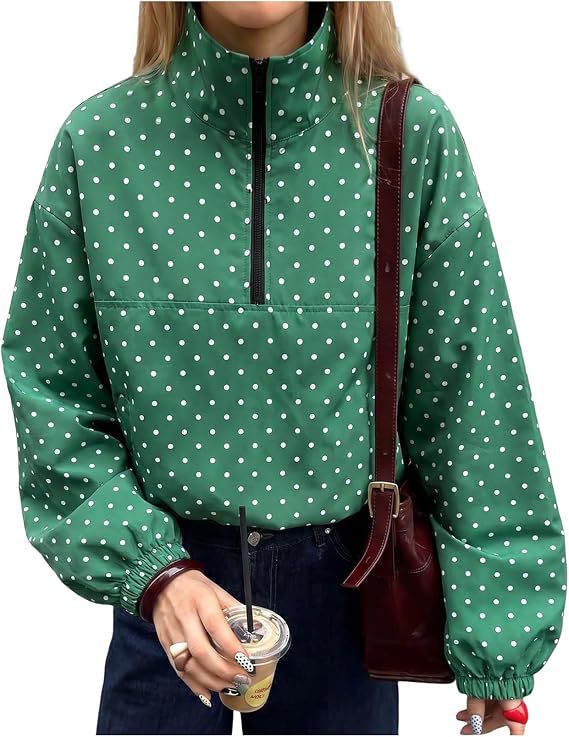 Polka Dot Half Zip Funnel Neck Pullover Jacket - Green - 1