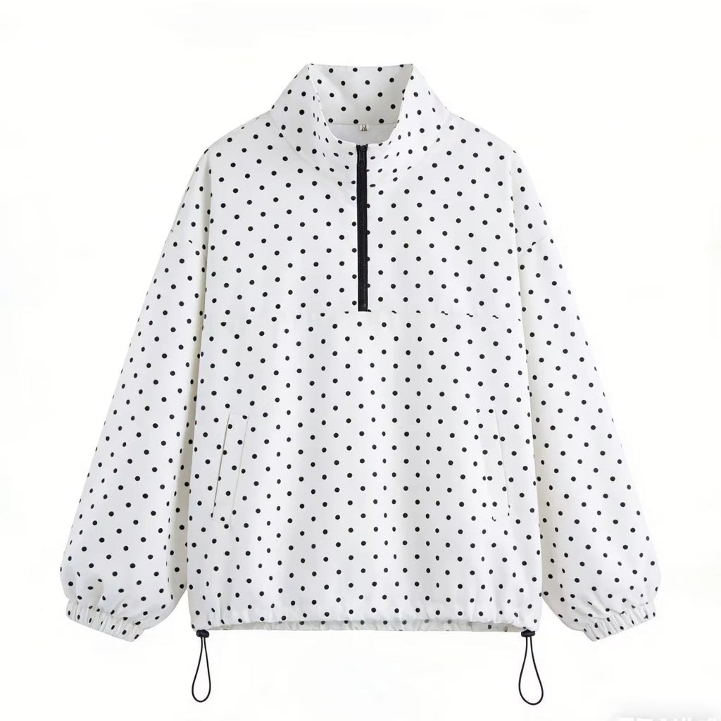Polka Dot Half Zip Funnel Neck Pullover Jacket - White
