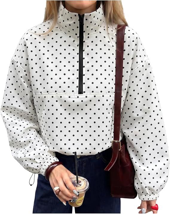 Polka Dot Half Zip Funnel Neck Pullover Jacket - White - 1
