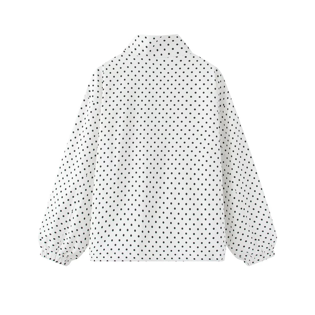 Polka Dot Half Zip Funnel Neck Pullover Jacket - White - 3