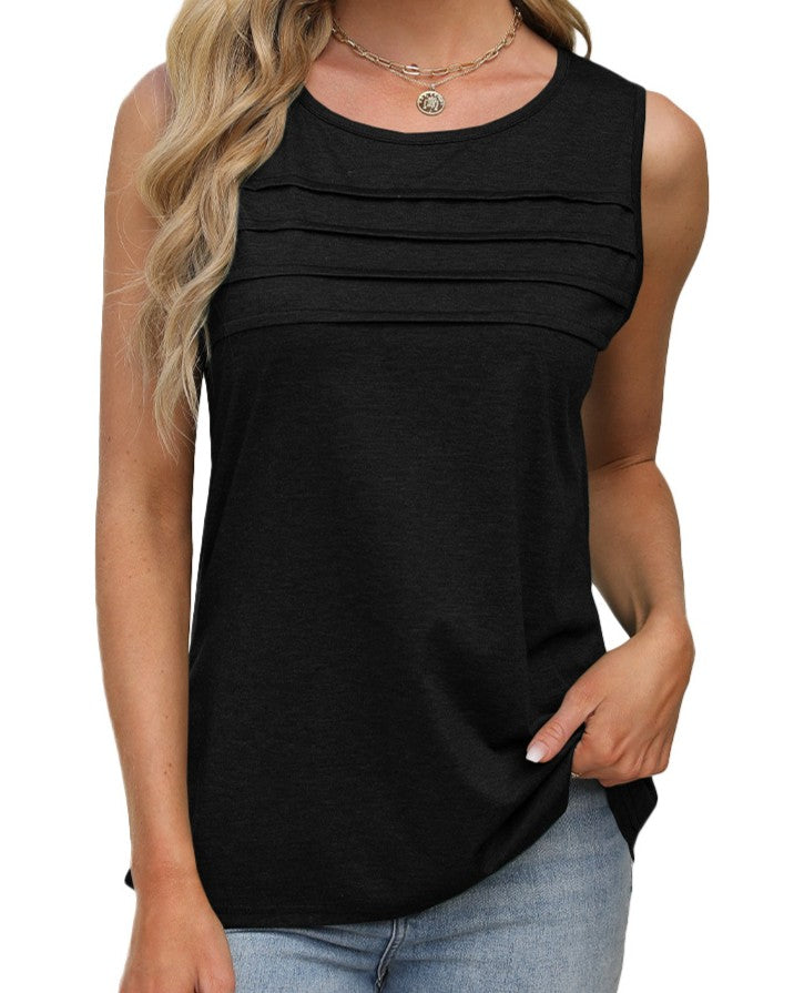 Pleated Front U Neck Sleeveless Tank - Black
