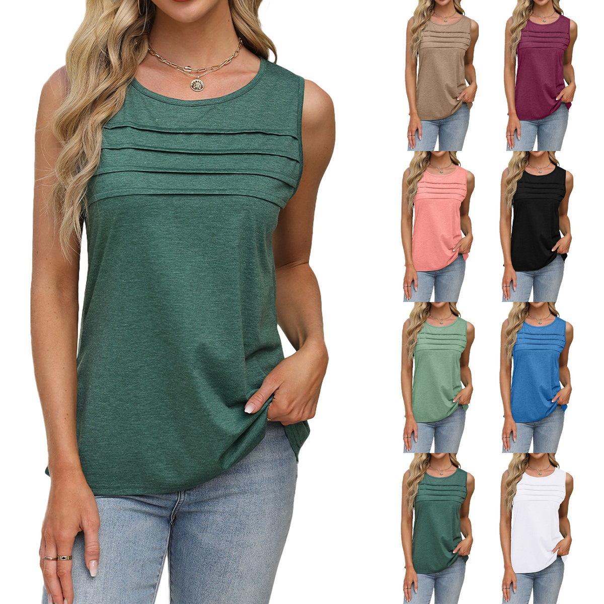 Pleated Front U Neck Sleeveless Tank - Green - 1