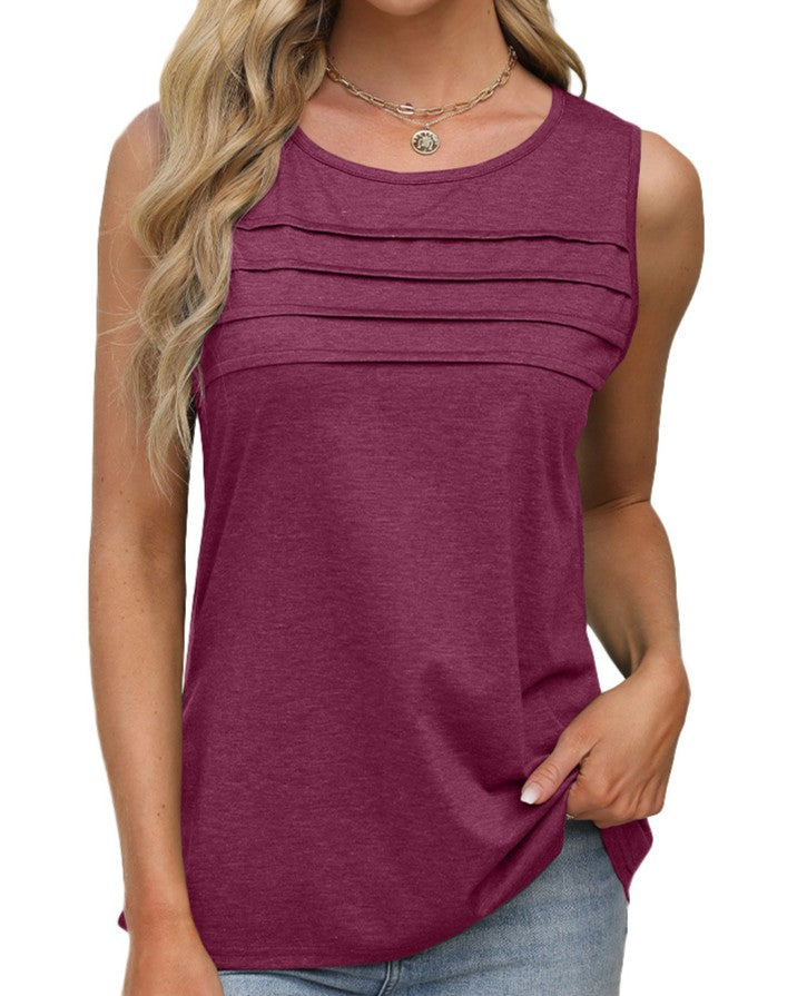 Pleated Front U Neck Sleeveless Tank - Red