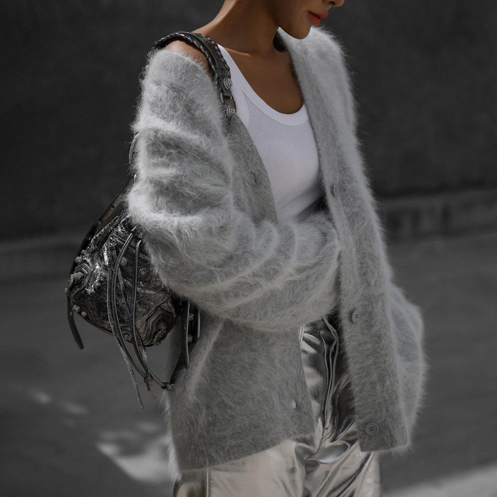 Fluffy Brushed V Neck Cardigan - Lightgray