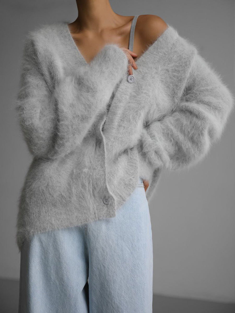 Fluffy Brushed V Neck Cardigan - Lightgray - 2