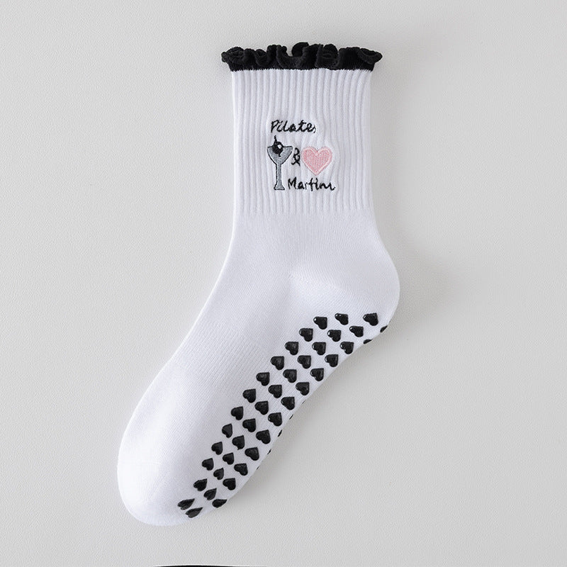 Embroidered Pilates Grip Socks with Ruffle Trim - Black