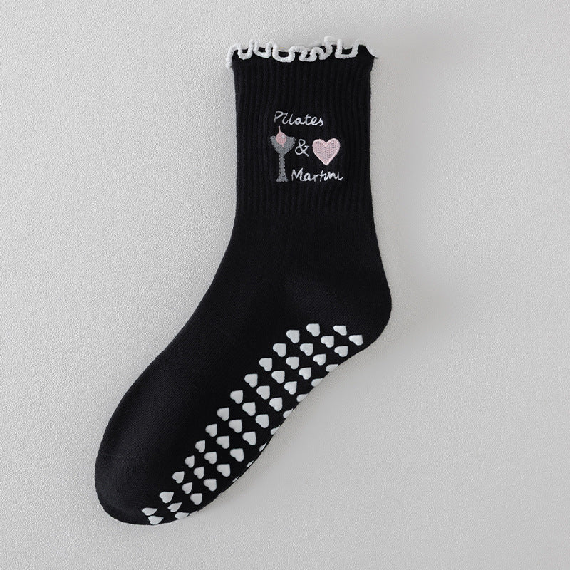 Embroidered Pilates Grip Socks with Ruffle Trim - Black_P