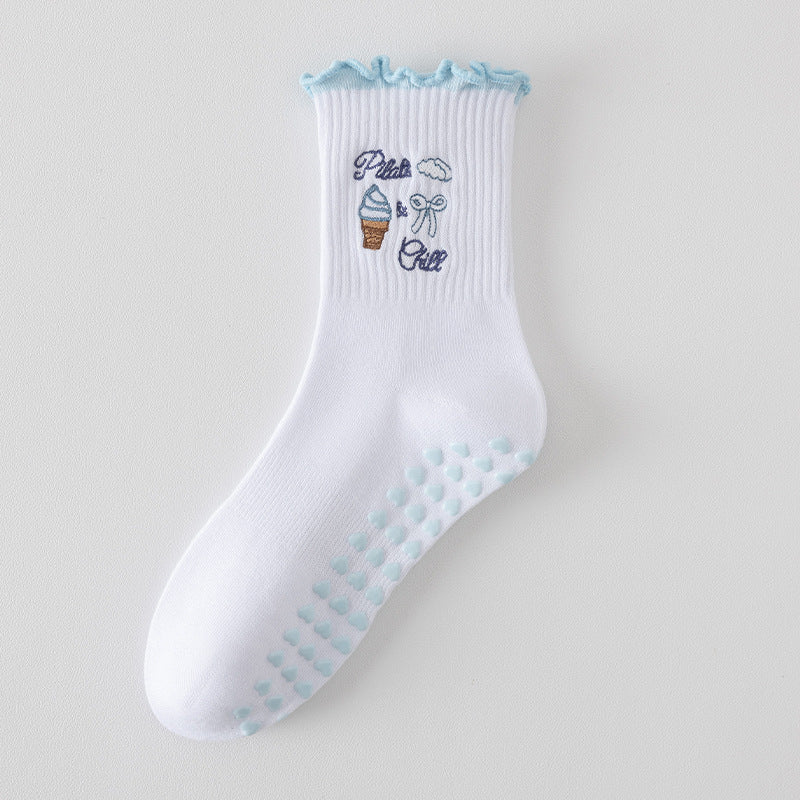 Embroidered Pilates Grip Socks with Ruffle Trim - Blue