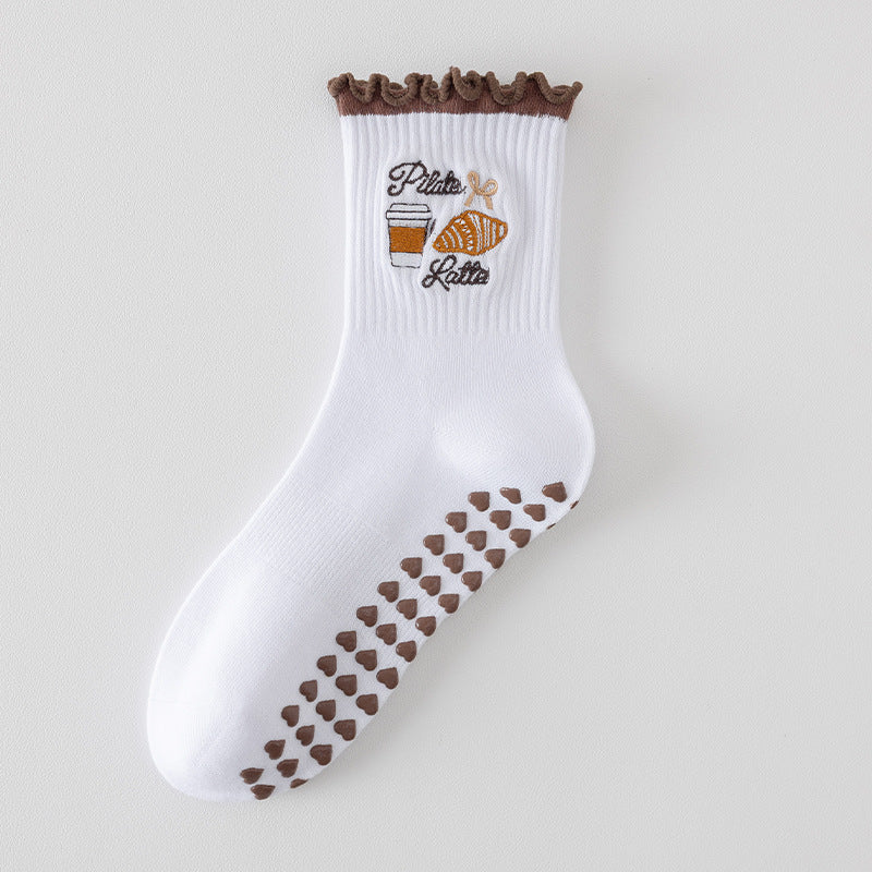 Embroidered Pilates Grip Socks with Ruffle Trim - Brown
