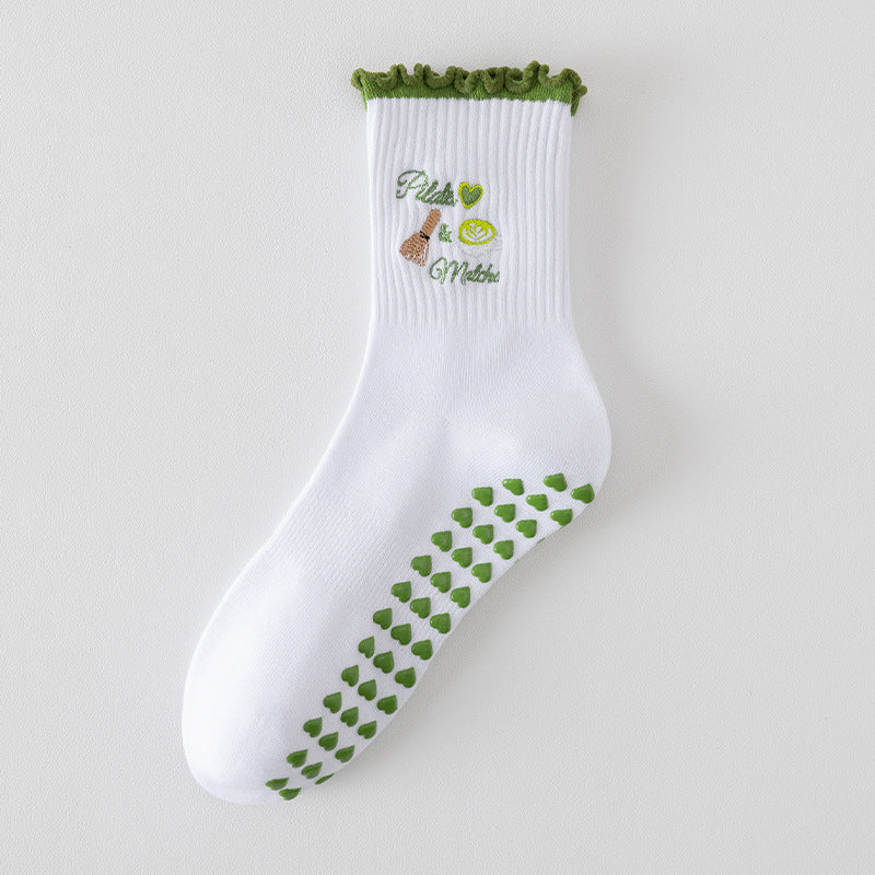 Embroidered Pilates Grip Socks with Ruffle Trim - Green