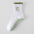 Embroidered Pilates Grip Socks with Ruffle Trim - Green