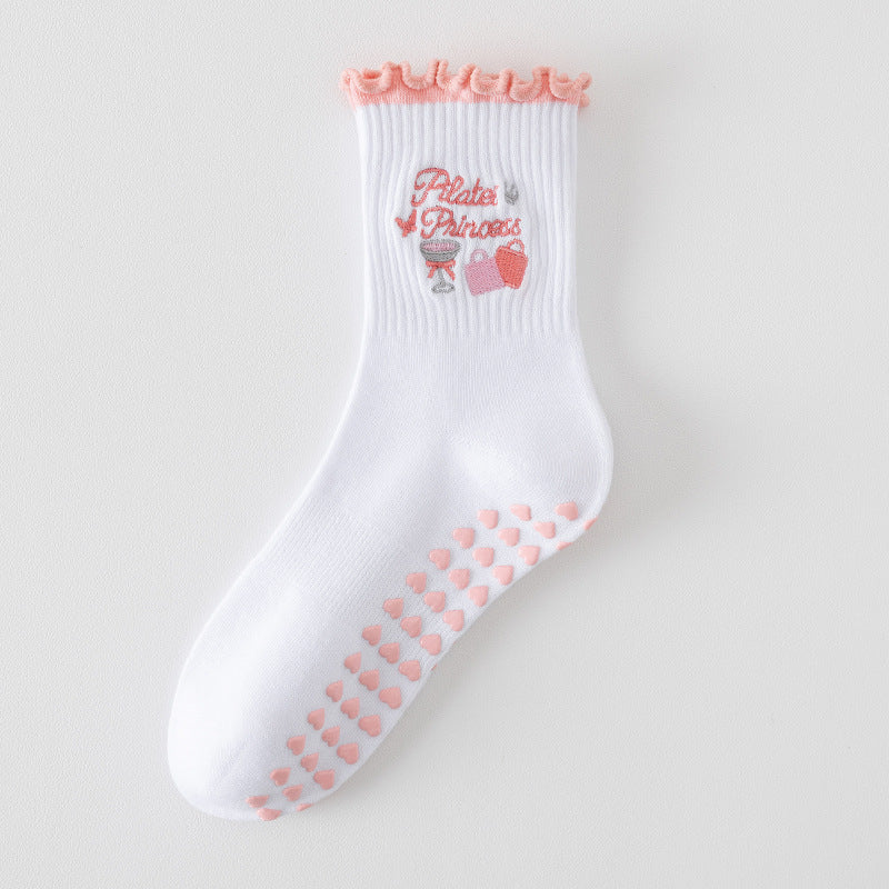 Embroidered Pilates Grip Socks with Ruffle Trim - Pink