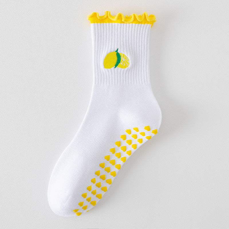 Embroidered Pilates Grip Socks with Ruffle Trim - Yellow