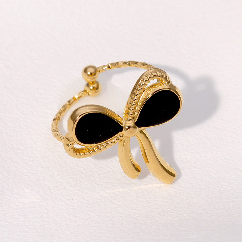 Enamel Bow Crystal Trim Open Ring - Black