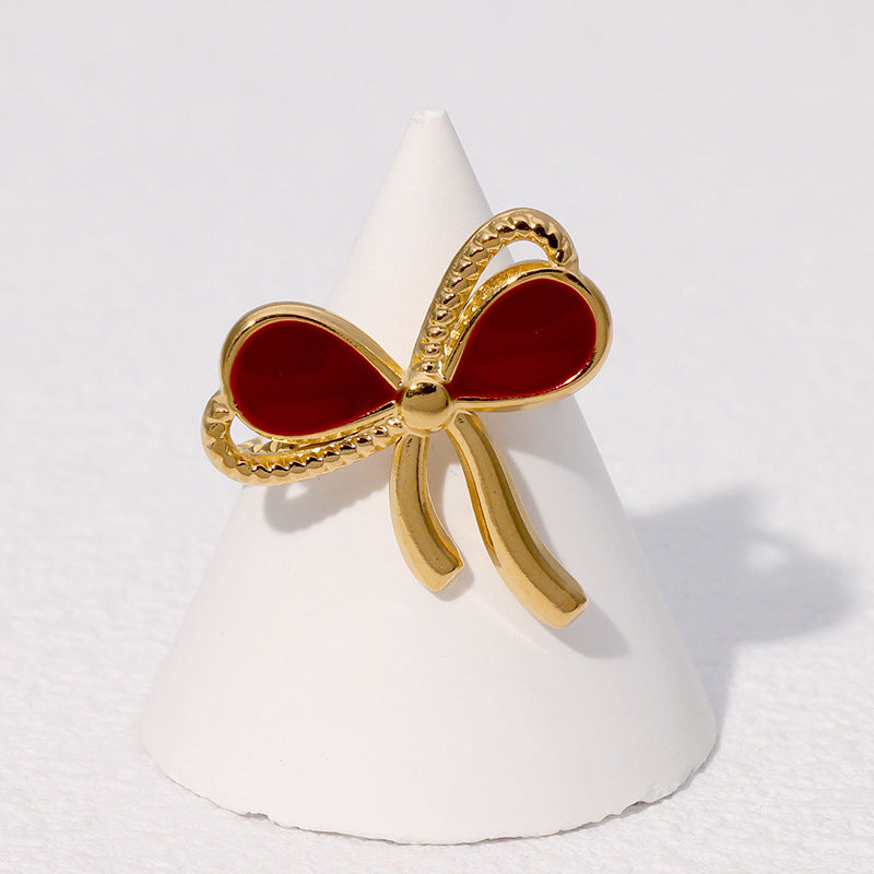 Enamel Bow Crystal Trim Open Ring - Red
