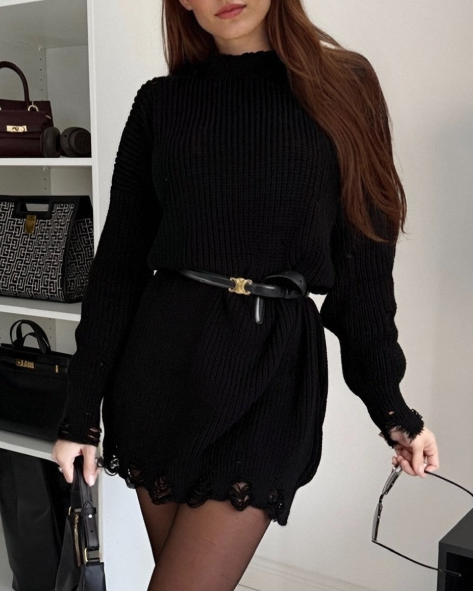 Distressed Ripped Loose Knit Sweater Dress - Black - 1