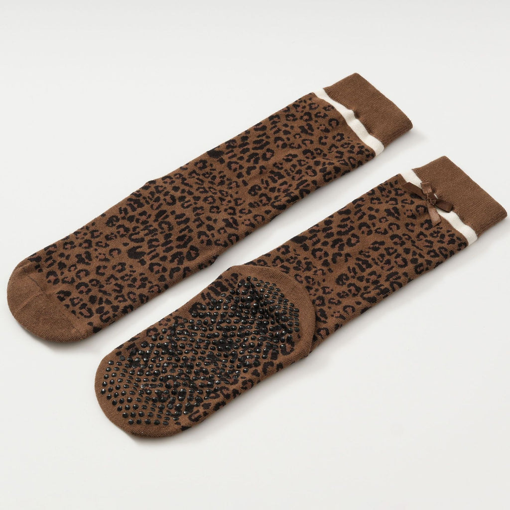 Sheer Leopard Grip Socks With Contrast Cuff - Leopard - 1