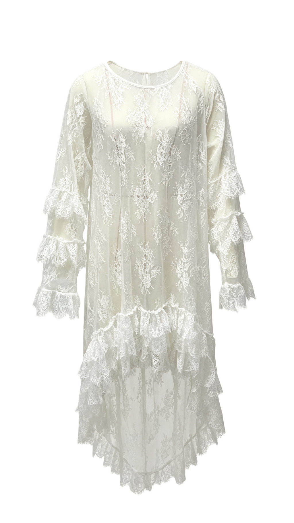 Lace Tiered High-Low Dress With Bell Sleeves - Beige - 1