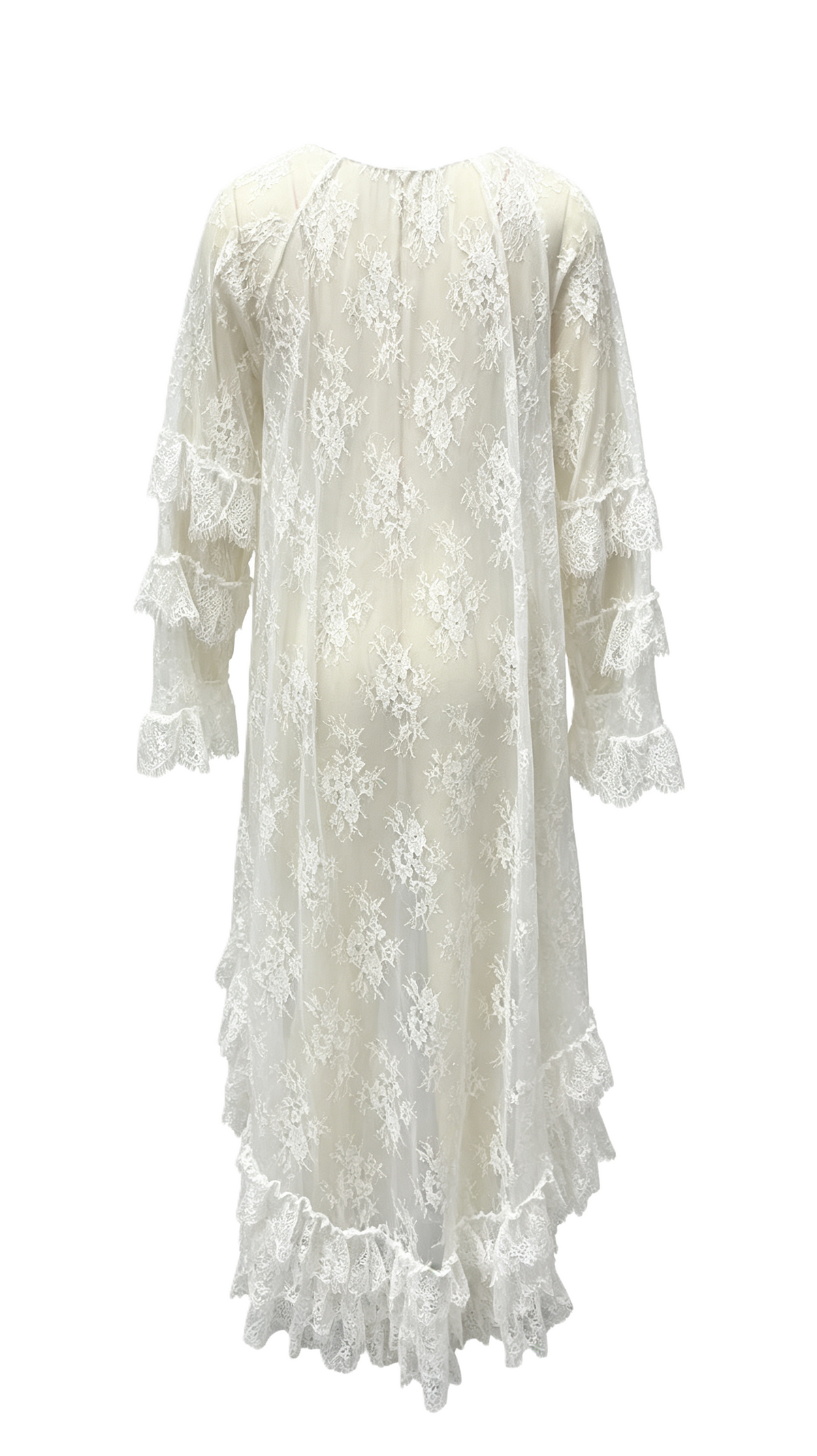 Lace Tiered High-Low Dress With Bell Sleeves - Beige - 2
