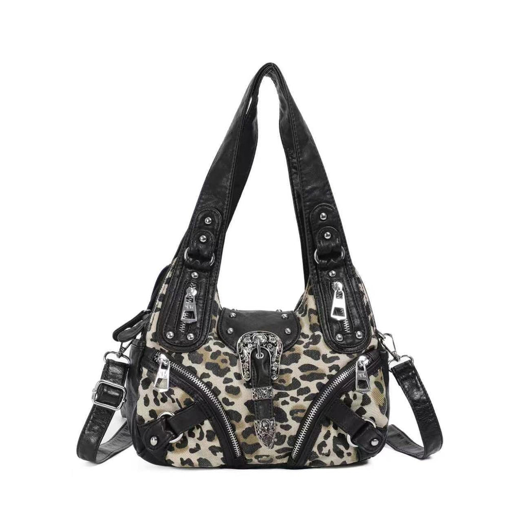 Western Buckle Washed Faux Leather Hobo Bag - Beige Leopard