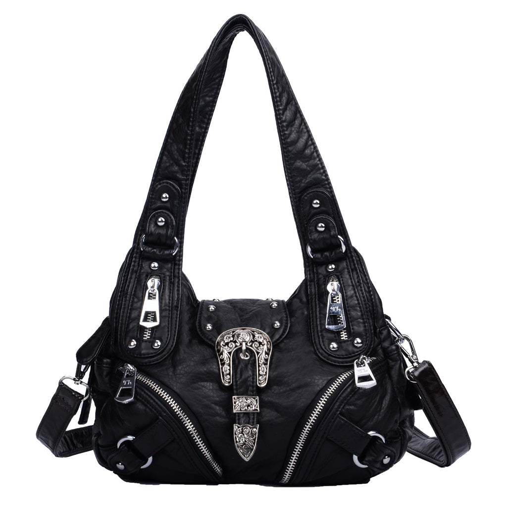 Western Buckle Washed Faux Leather Hobo Bag - Black