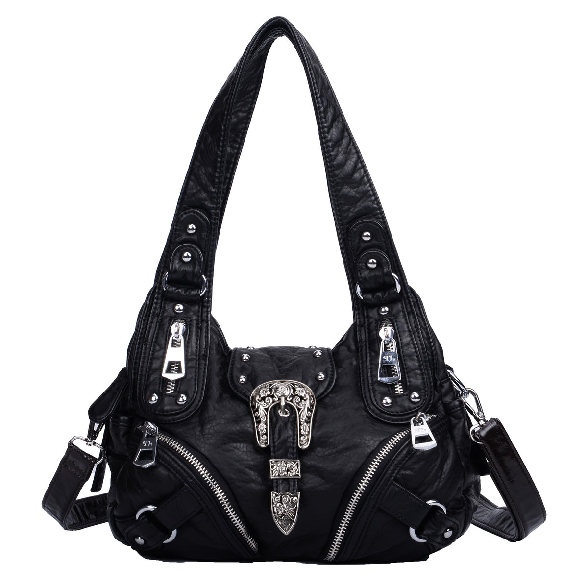 Western Buckle Washed Faux Leather Hobo Bag - Black