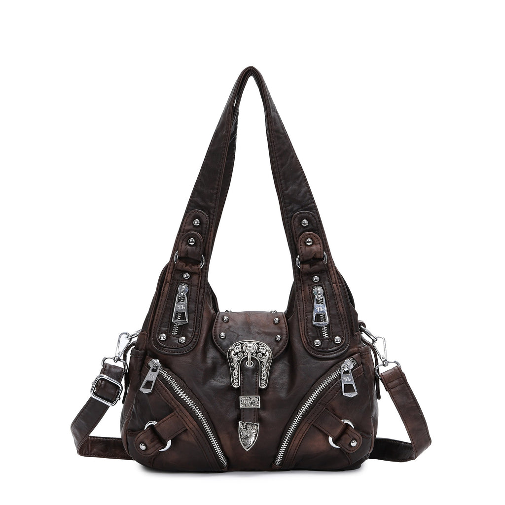 Western Buckle Washed Faux Leather Hobo Bag - Chocolate